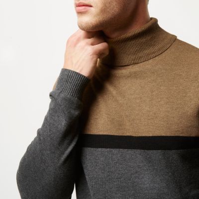 Grey colour block roll neck jumper